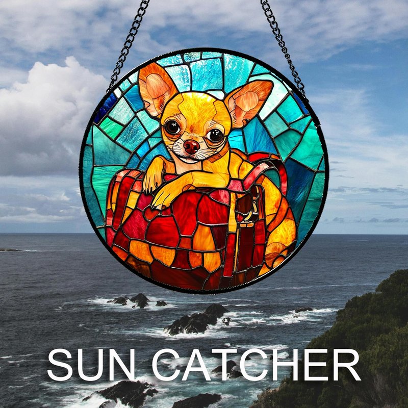 GEFOS Stained Glass Window Hanging Cute Dog Chihuahua 6.3" - Suncatcher Door Garden Sunroom Sun Catcher Home Decor Birthday Christmas for Lost Pets Mom Men Woman Nana