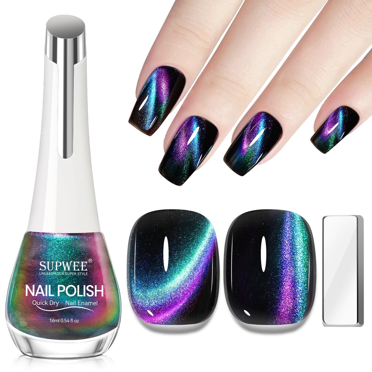 SUPWEE Cat Eye Nail Polish Non Gel with Magnet Quick Dry Cateye Magnetic Nail Polish for Fingernail Air Drying Fast Lacquer Manicure Gift For Women Girls 16ml, 0.54fl oz