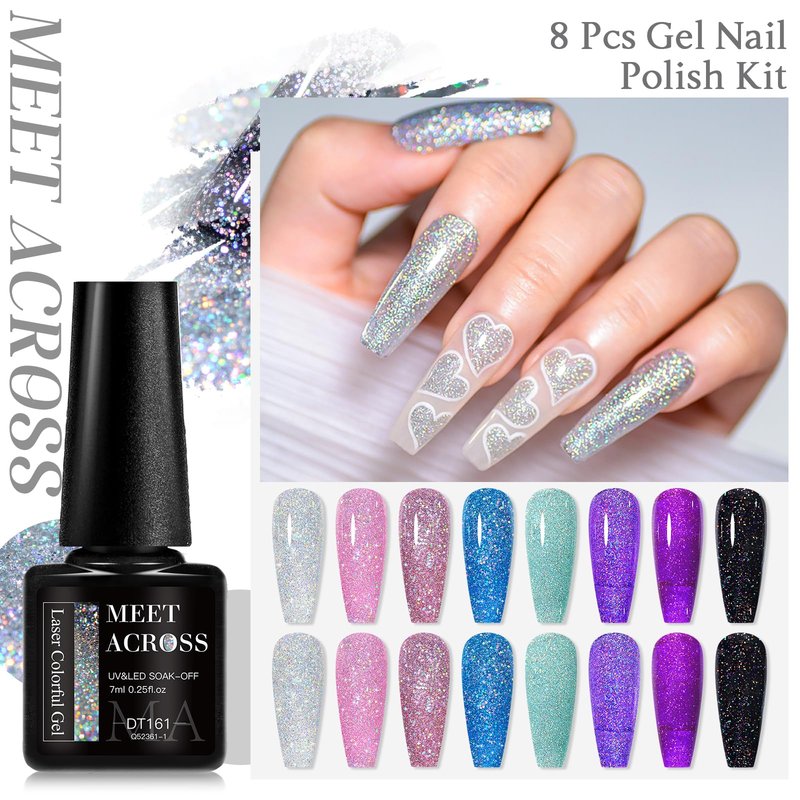 MEET ACROSS Glitter Gel Nail Polish Set for Nails 8 Colors Including Sparkly Shiny UV LED Soak Off Black Purple Pink Blue Gel Polish Kit Home DIY Manicure Nail Salon Varnish