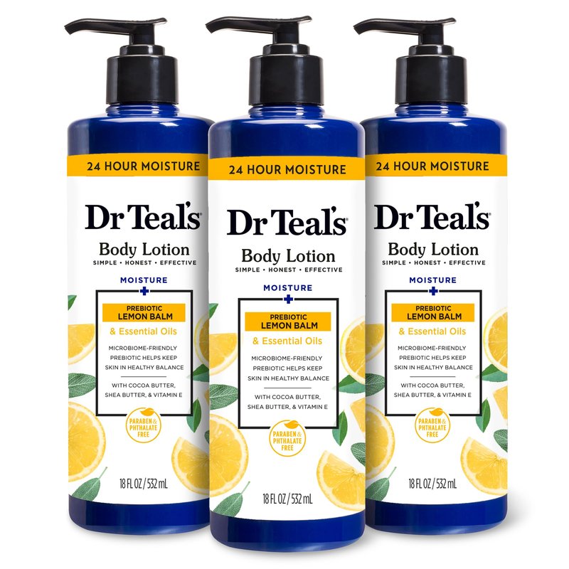 Dr Teal's Lemon Prebiotic Body Lotion with Lemon Balm & Essential Oils, 24-Hour Moisture, 18 fl oz (Pack of 3)