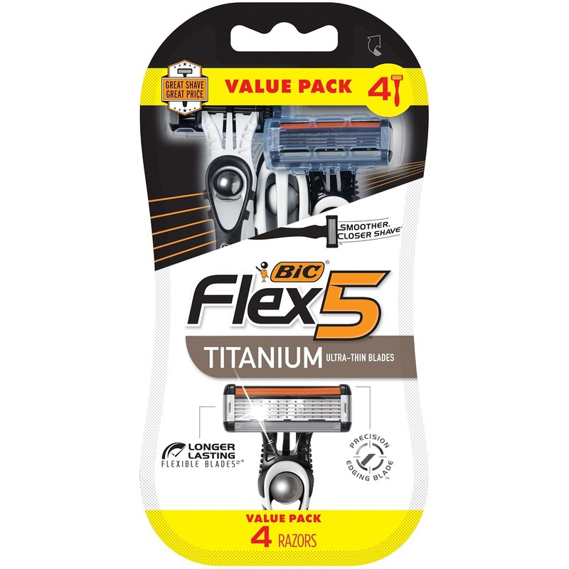 BIC Flex 5 Titanium Disposable Razors for Men - 4 Piece Set | Refillable Razors with 1 Handle & 7 Cartridges