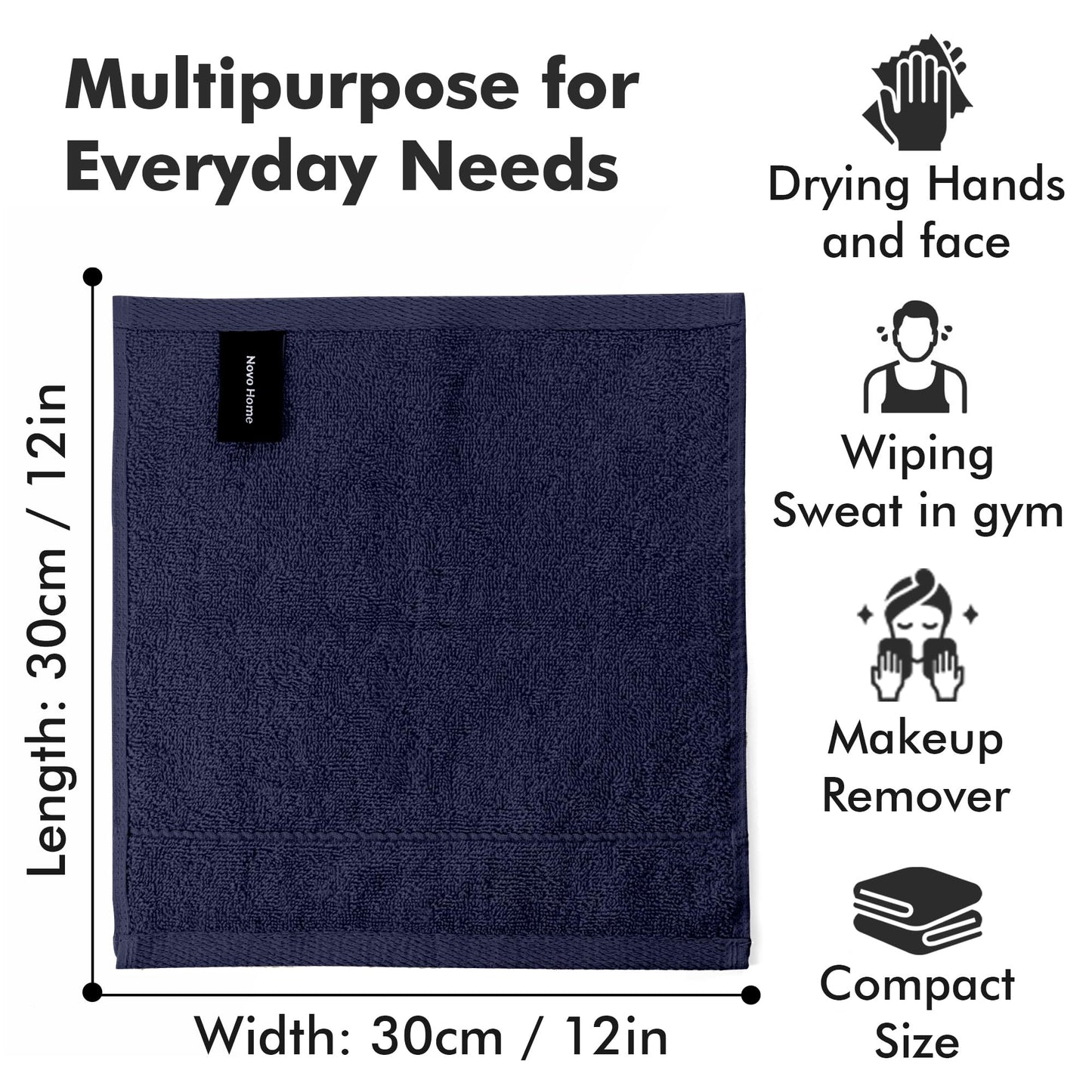 Novo Home Face Towels Pack of 12 – 100% Cotton Wash Cloths (12x12 inch) – Soft, Quick Dry & Highly Absorbent Hand Towels for Bathroom, Spa, Gym, Kitchen and for Daily Use - (Navy Blue)