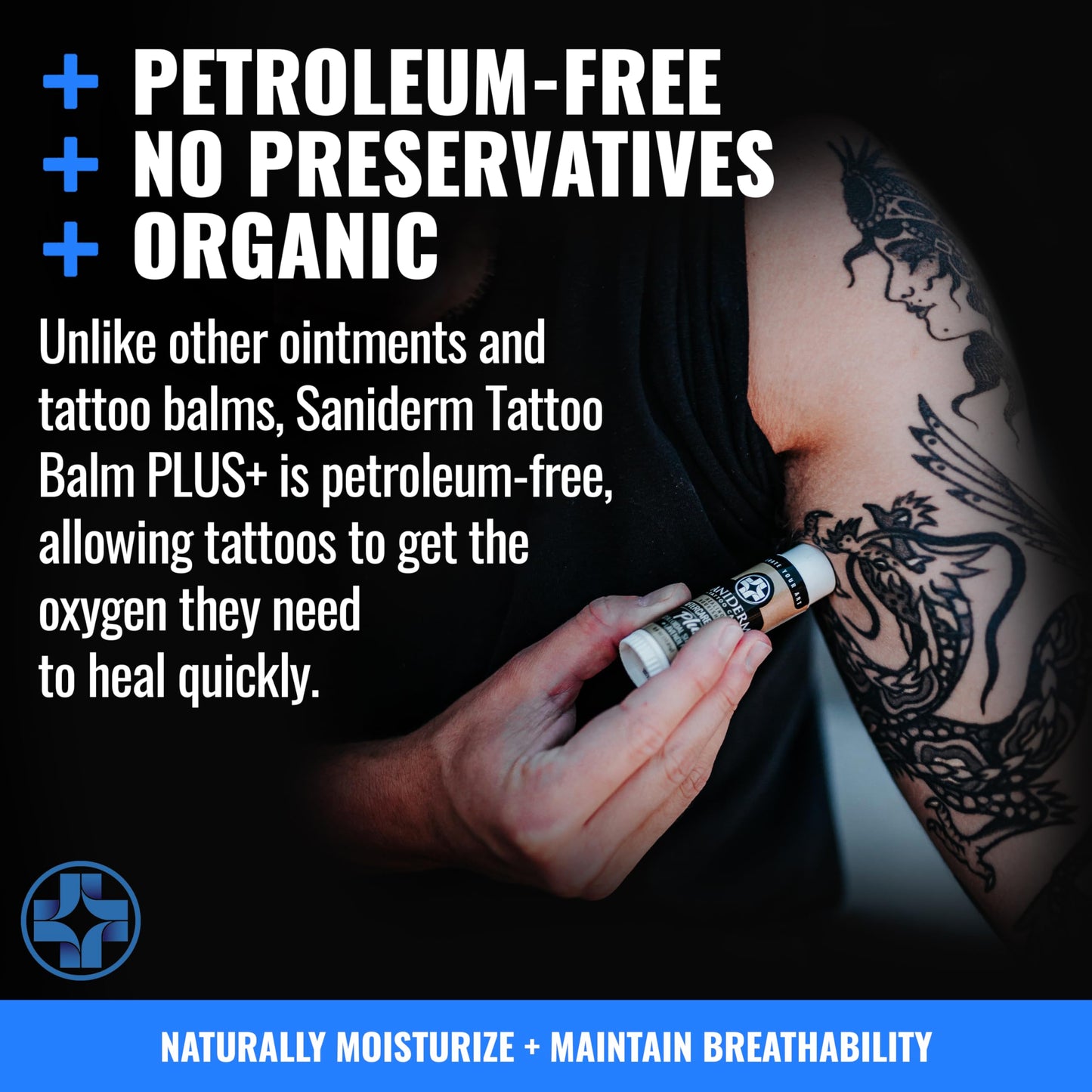Saniderm Tattoo Aftercare Balm PLUS+ - Small (0.6 oz) – Petroleum Free, Organic Tattoo Moisturizer Infused with Colloidal Silver, Lavender Oil, and Other Natural Ingredients