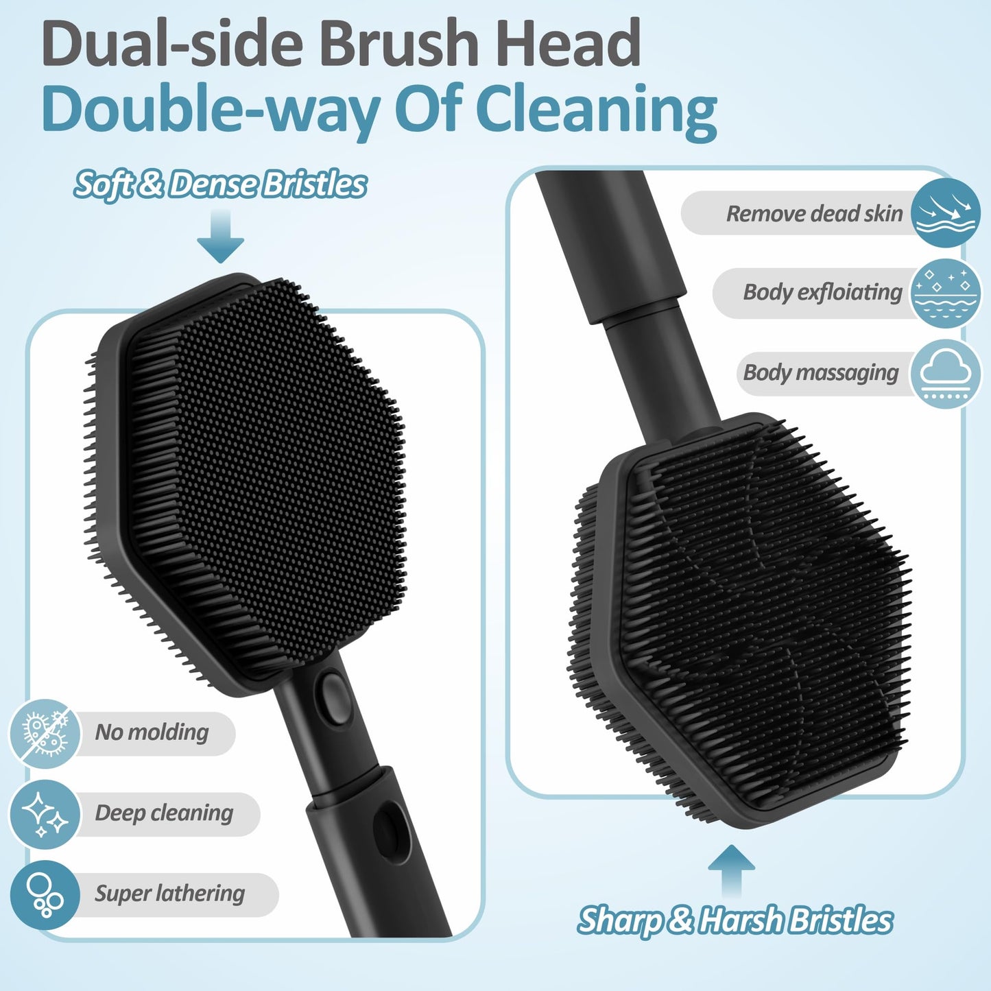 GEENOA Silicone Back Scrubber & Soft Bath Glove 2PCS, 16''- 21''Extendable Back Scrubber with Dual-Side Large Head, 360° Anti-Slip Hand-fit Silicone Body Scrubber for Rich Foaming Deep Cleaning(Black)