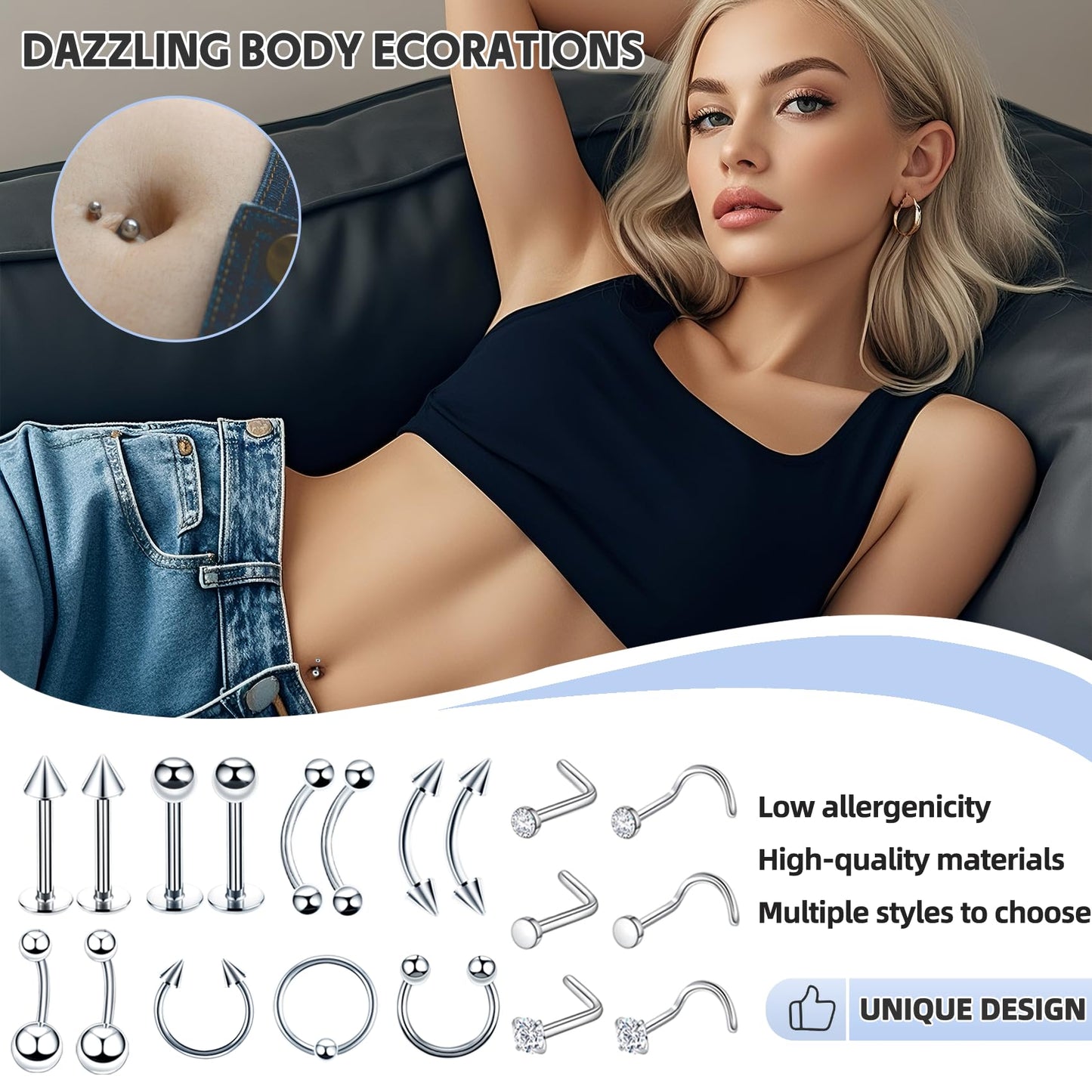 TKKUY 80PCS Nose Piercing Kit: Stainless Steel Body Piercing Jewelry with 12G, 14G, 16G, 20G Needles for Ear, Nose, Lip, Eyebrow