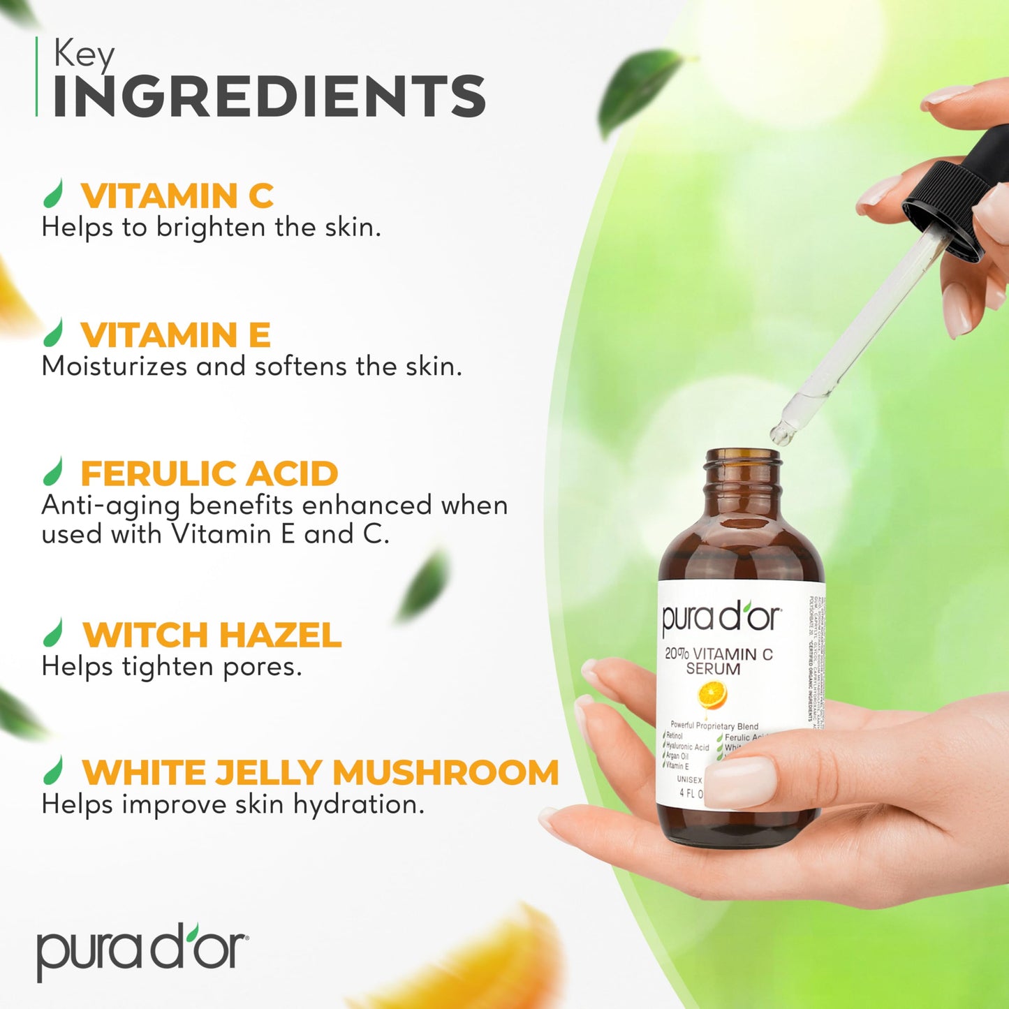 PURA D'OR 20% Vitamin C Facial Serum 4 Oz Antioxidant Anti-Aging Blend w/Retinol, Hyaluronic Acid, Ferulic Acid - Hydrating Lightweight Ayurvedic Skin Care - Men Women Daily Use