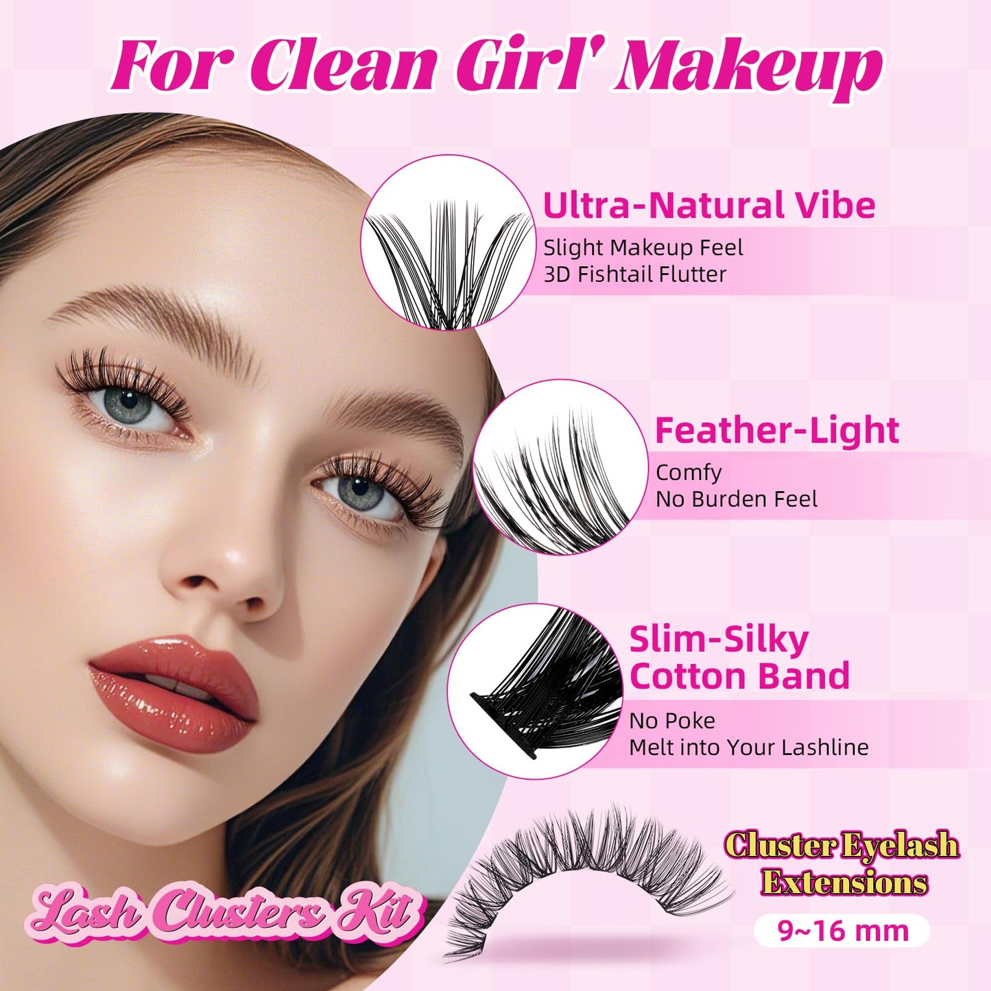 WLFRHD Lash Clusters Kit 640Pcs Eyelash Clusters Kit D Curl Wispy Cluster Lashes Kit 30D+40D+50D+60D Lashes Clusters Kit With Bond and Seal Remover Tweezers Brush 9-16mm for DIY Home