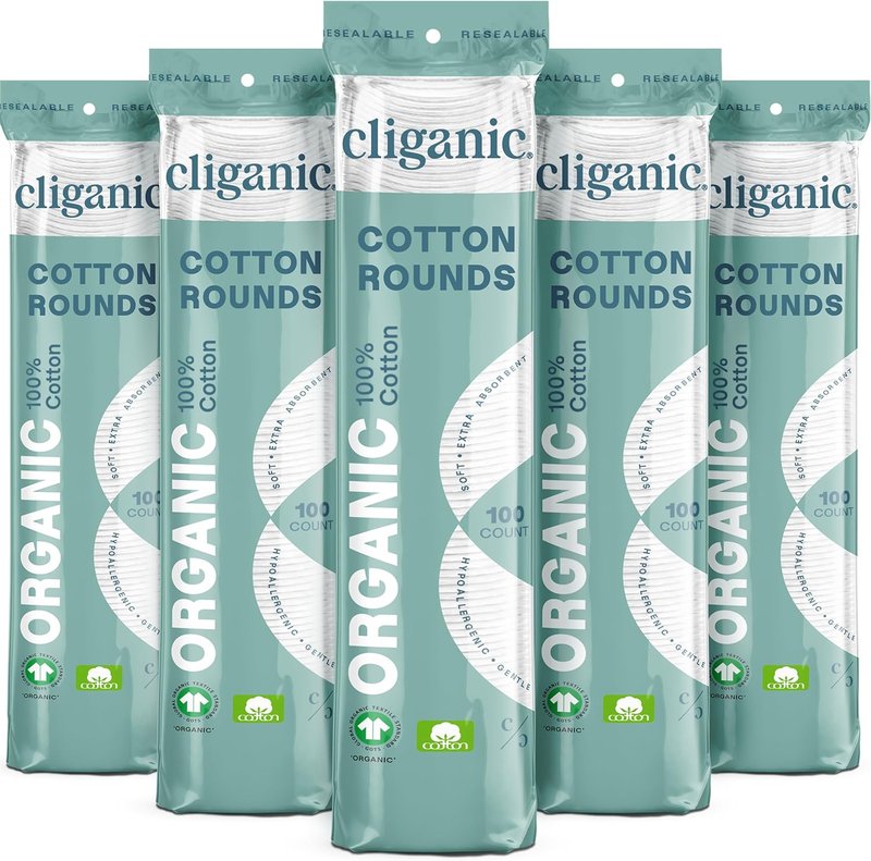 Cliganic Organic Cotton Rounds - 500 Count Hypoallergenic Makeup Remover Pads | Lint-Free 100% Pure Cotton