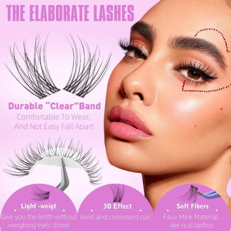 Geeneiya Clear Band Lash Clusters Natural Eyelash Clusters Wispy Cluster Eyelash Extensions 8-16MM Lash Extension D Curl Individual Lashes Not Lashes Kit