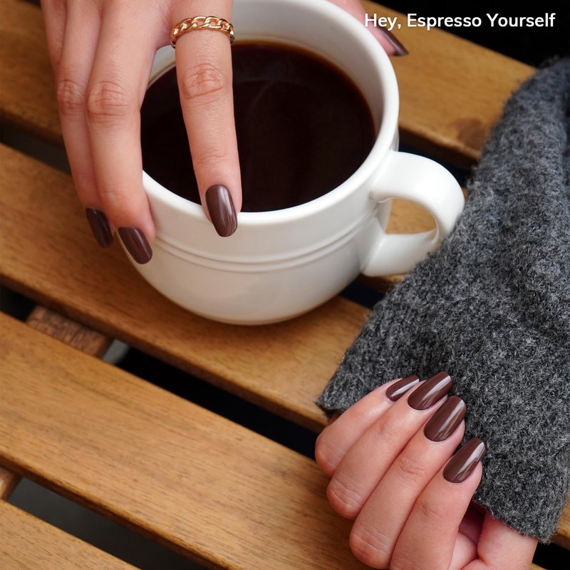 Heyhae Semi Cured Gel Nail Strips | No LED Lamp Needed | Fall, Solid, Brown | Easy Apply & Remove, Salon Quality | Includes 28 Strips, 1 Prep Pads, Nail File & Wooden stick - Hey, Espresso Yourself