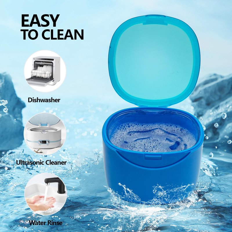 EZEELAI Denture Cleaning Case Dental Retainer Container Soaking Cup with Brush, Denture Storage Bath Box Case Cup Mouthguard Storage Holder Travel - Leak Proof with Lid Waterproof - Blue