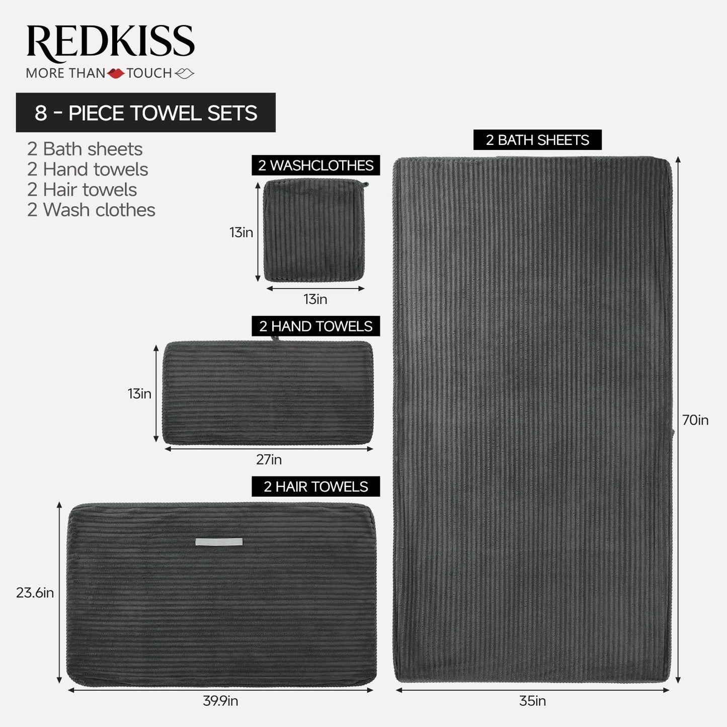 REDKISS Charcoal Gray Bath Towels Set 8 Piece - Microfiber Bathroom Towels of 8 Large, Highly Absorbent Bath Towel, Soft Shower Towel for Bathroom, 2 Bath Sheet 2 Hand 2 Washcloths 2 Hair Towel Wrap