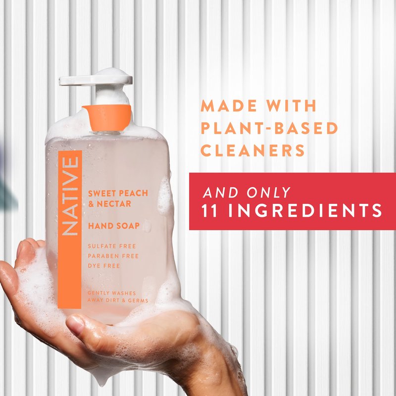 Native Liquid Hand Soap, Sweet Peach & Nectar Scent, Non-Drying Formula for Soft, Smooth Hands, Made with Plant-Based Cleansers, Sulfate & Paraben Free, 13 oz Bottle