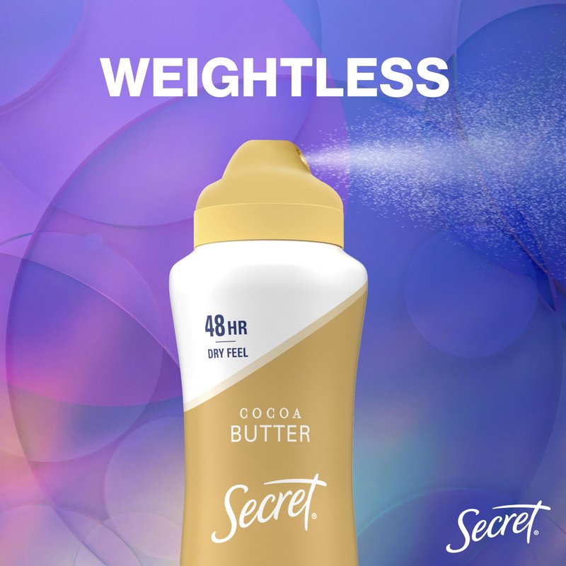 Secret Dry Spray Antiperspirant Deodorant for Women, 48hr Weightless Sweat & Odor Protection, Gentle on Skin, Cocoa Butter Scent, 4.1 oz