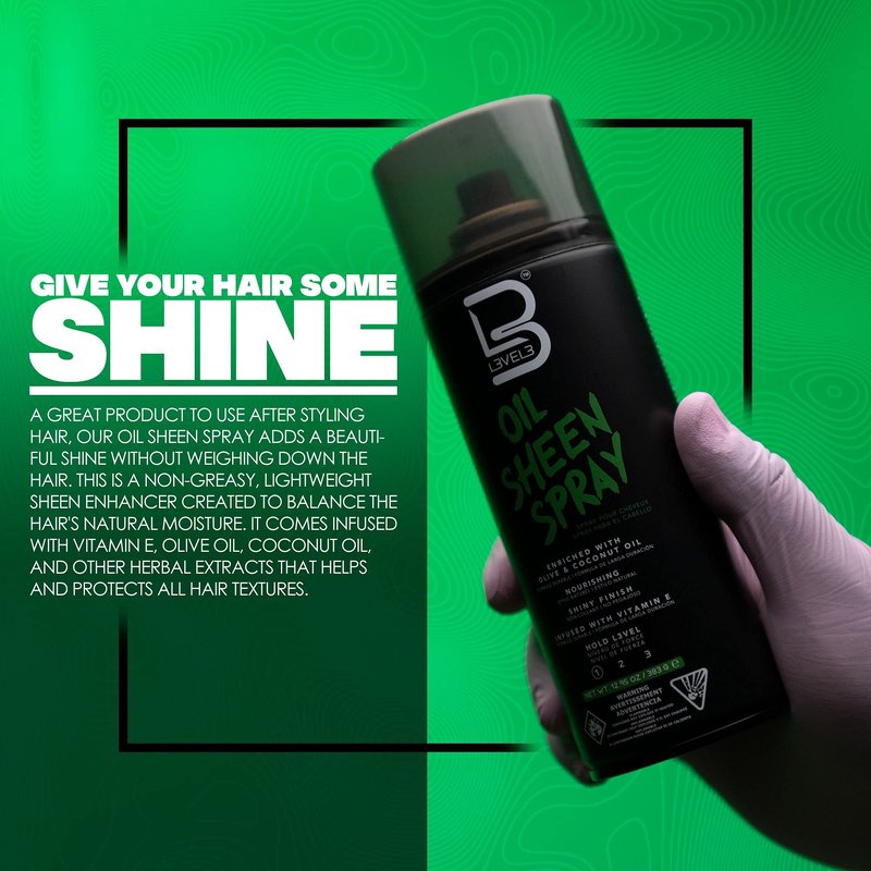 L3 Level 3 Oil Sheen Spray - Adds Shine to Hair After Styling - Infused with Vitamin E, Olive, Coconut Oil and Herbal Extracts