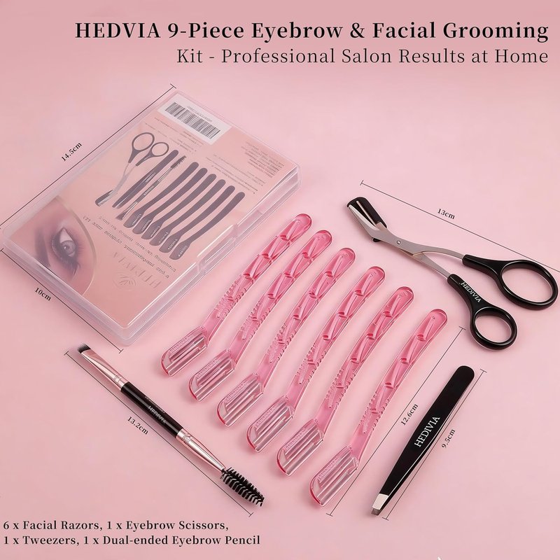HEDVIA 9-Piece Face Razors Set for Women | Dermaplaning & Eyebrow Grooming Kit - Pink