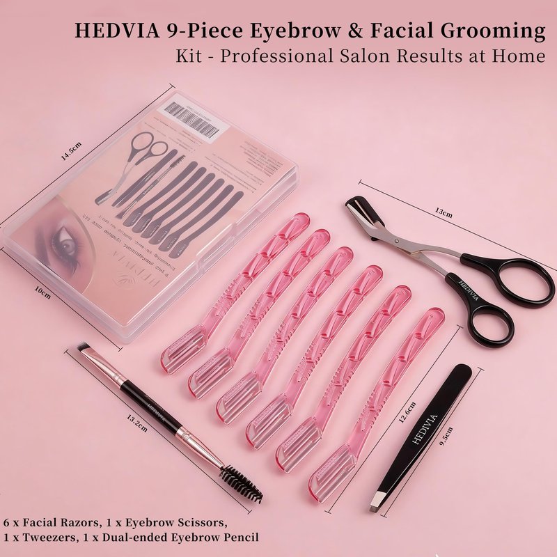 HEDVIA 9 Pcs Eyebrow Razor Kit for Women Shaping, Professional eyebrow Makeup Set with 6 Small Eyebrow Razors, 1 Eyebrow Scissors with Comb, 1Eyebrow Tweezers for Men, 1 Makeup Brushes(Pink Set)