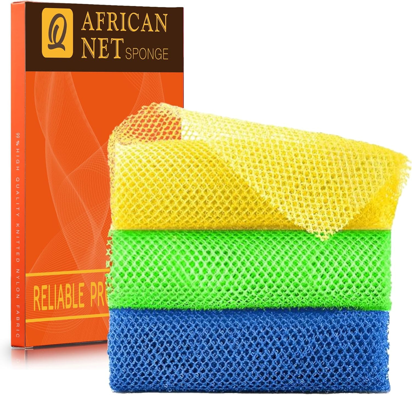 UJFQBH African Exfoliating Net Bath Sponge Set - 3 Pieces for Smooth Skin | Yellow, Green, Blue