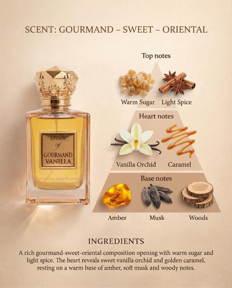 Prince Parfums Dubai – Story of Gourmand Vanilla – Women’s Extrait de Parfum 3.4 Ounces – Luxury Perfume with Coconut, Peach, Tiare Flower & Vanilla – Romantic, Sweet & Long Lasting Fragrance