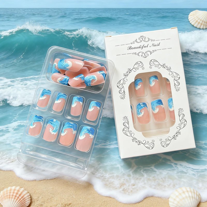 Blue Ocean Press on Nails Medium Square Fake Nails French Tip False Nails with Summer Waves Designs Glossy Full Cover Stick on Nail Reusable Artificial Nails for Women Beach Vacation