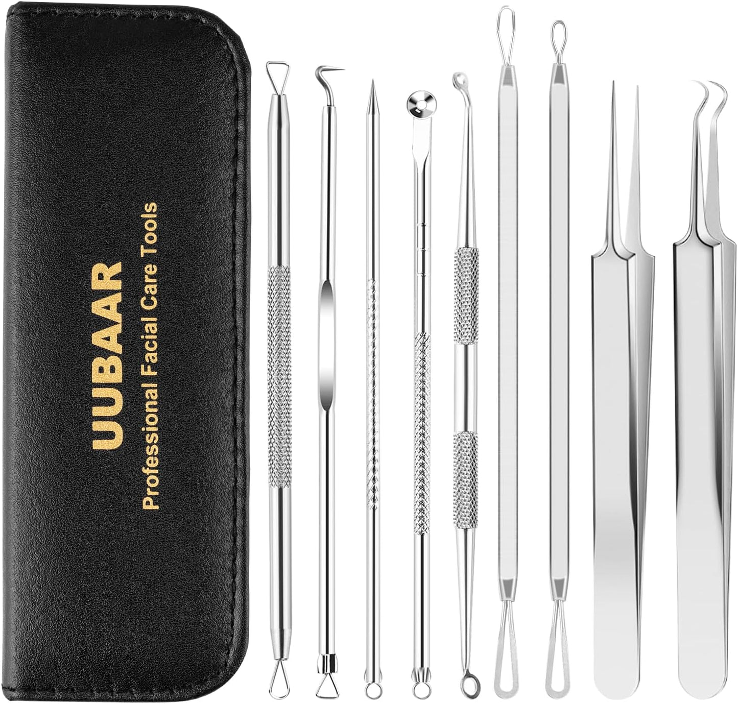 UUBAAR Blackhead Remover Tool Kit - 9PCS Stainless Steel Comedone Extractors with 2 Tweezers & Leather Case