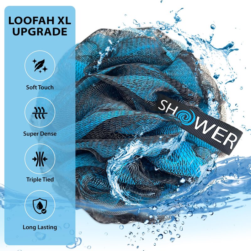 SHOWER BOUQUET Loofah-Charcoal Bath-Sponge XL-Color-4-Pack // Extra Large 75g Soft Mesh Black Luffa Loofa Loufa Puff Set/Exfoliating Body Scrubber for Women and Men - Exfoliate & Soothe Face & Body