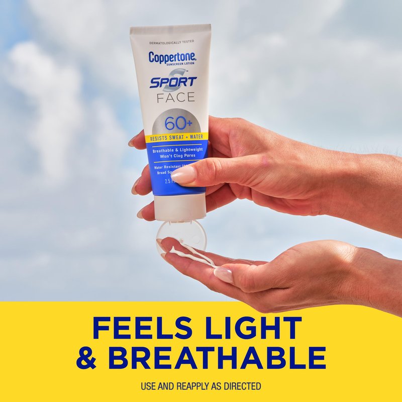 Coppertone Sport Face Sunscreen Lotion SPF 60+, Water Resistant Sunscreen with Broad Spectrum SPF 60+, Lightweight and Breathable, 2.5 Fl Oz Tube