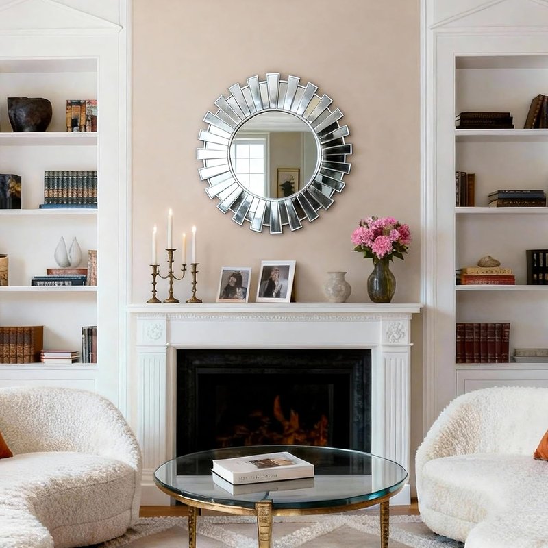 Silver Sunburst Wall Mirror - 23.6" Large Round Beveled Decorative Accent for Living Room & Bedroom