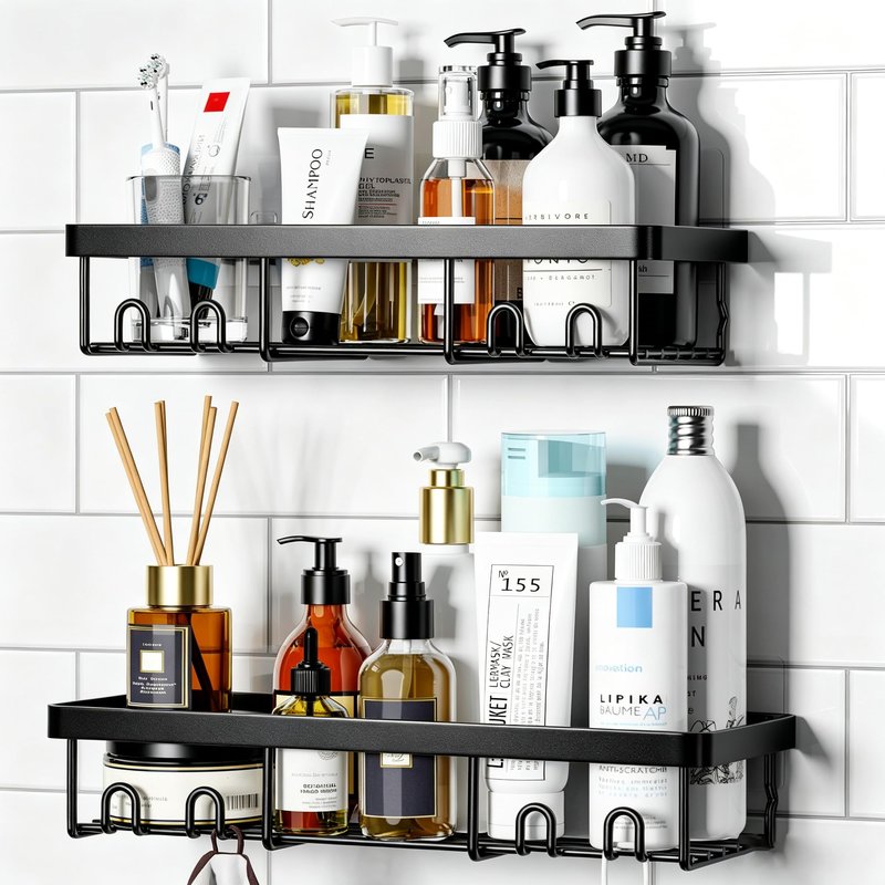 Moforoco Shower Caddy Shelf Organizer Rack, Self Adhesive Black Bathroom Shelves Basket, Home Farmhouse Wall Inside Organization and Storage Decor Rv Accessories, First Camper Apartment Essentials