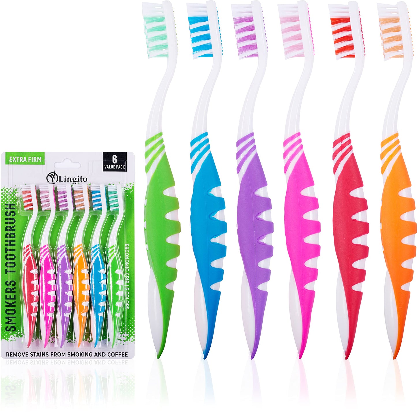 Lingito Extra Firm Toothbrush, Hard Bristle Toothbrush Set for Adults or Smokers Travel Kit, Multicolor Denture Brush, Large Head, Manual Travel Toothbrush Hard Bristles