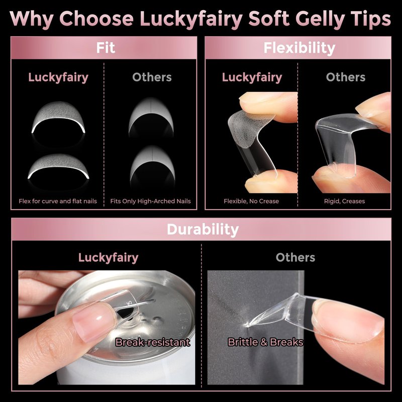 Luckyfairy Medium Square Nail Tips, 240pcs Soft Gel Pre-Shaped Acrylic Fake Nails, Half Matte Full Cover Clear Gelly Press on Flase Nail Tips for Extension Nail Manicure Home DIY 12 Sizes Gelly Tips