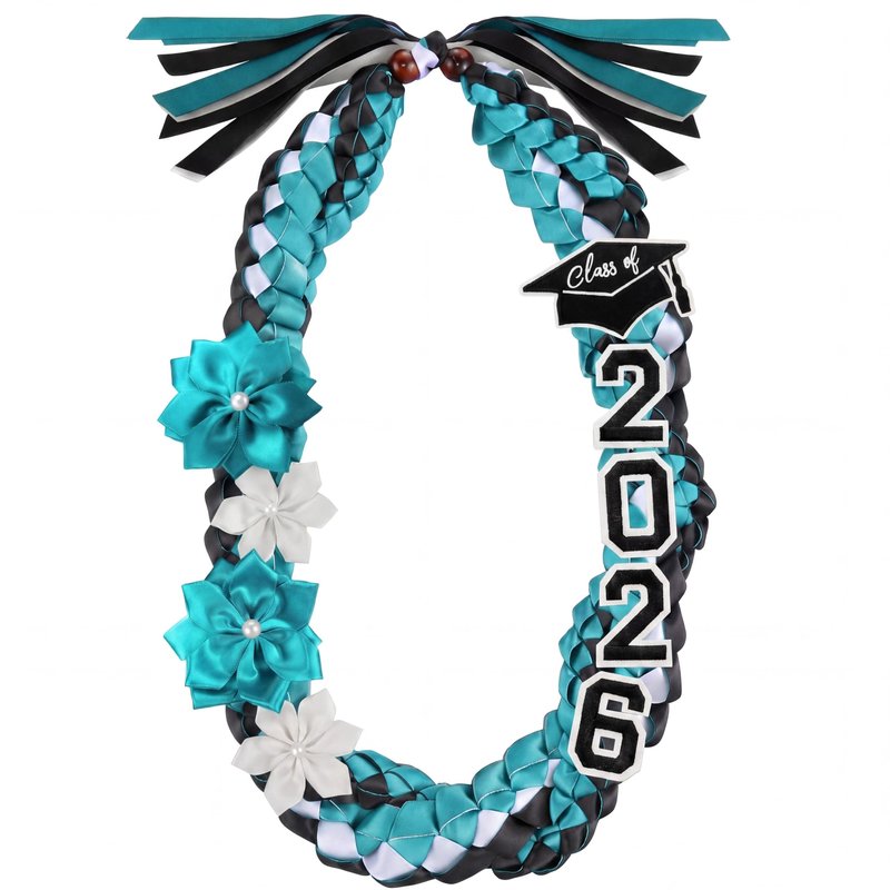 Lyrow Dark Teal Black 50'' 2026 Graduation Lei Double Braided Strands Graduation Ribbon Leis with 4 Satin Flowers Congrats Graduates Money Leis Class of 2026 Gift for Men Women