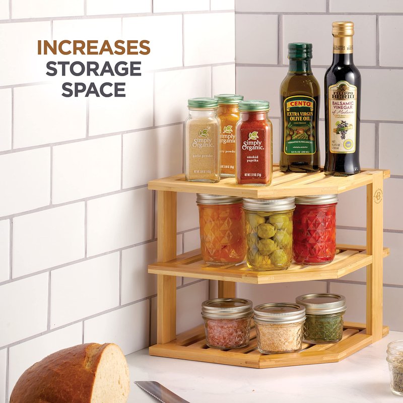 Bambüsi Plate Organizer for Cabinet - 3 Tier Bamboo Corner Shelf Cabinet Organizer for Plates Bowls Mugs Cups, Kitchen Organization, Space Saving Countertop Shelf, Small Spaces, 10 x 10 x 9.5 Inch