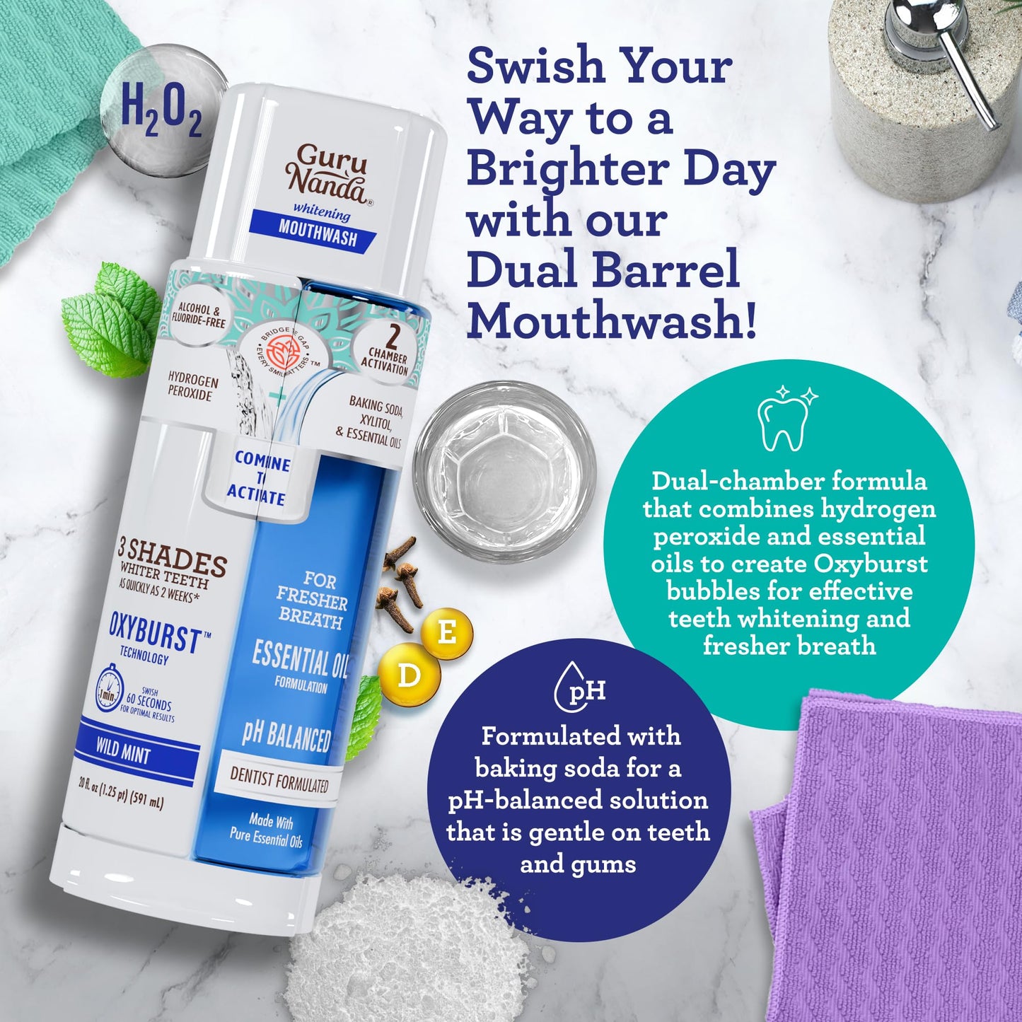 GuruNanda Whitening Wonder Duo, Dual Barrel Oxyburst Whitening Mouthwash 20 Oz & Teeth Whitening Strips with No Slip, Dry Strip Tech, 7 Day Treatments