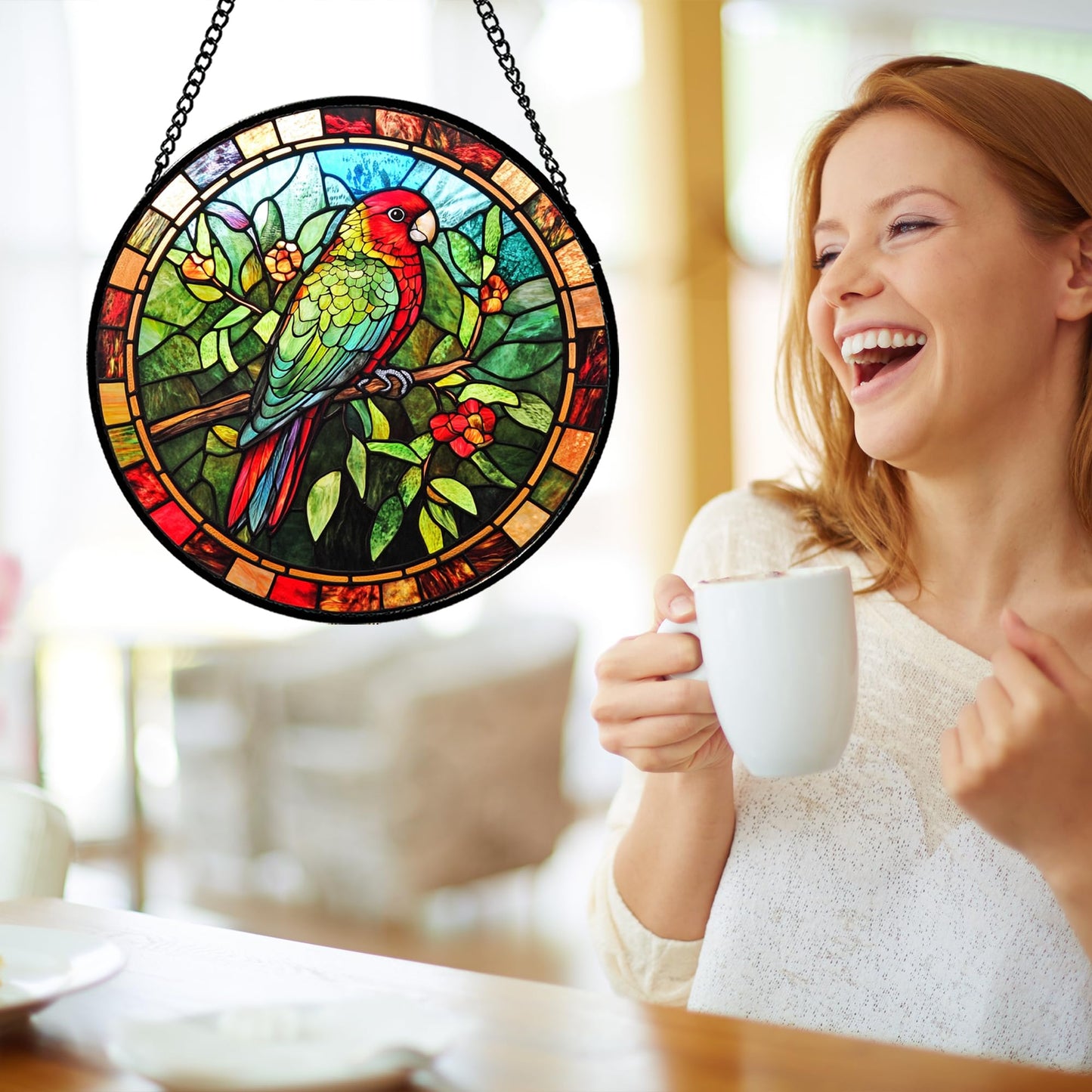 GEFOS Stained Glass Window Hanging Red Green Parrot On A Branch 6.3" - Suncatcher Door Garden Sunroom Sun Catcher Home Decor Birthday Christmas for Mom Men Woman Nana