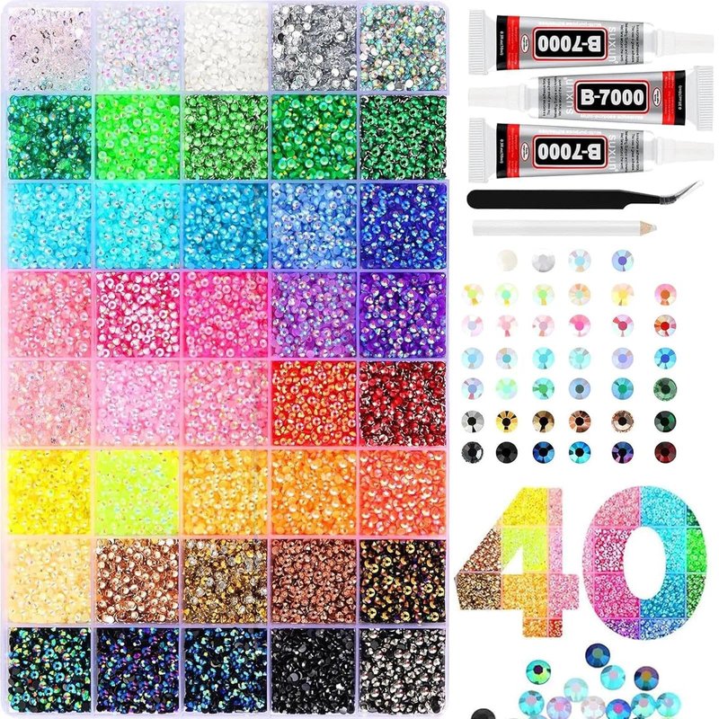 40 Colors Rhinestones for Bedazzling, Bedazzling Tools Kit with Rhinestones - 32000 Pcs 3mm Flatback Gems, Includes B7000 Glue & Full Accessories for DIY Crafts, Nail Art, Shoes and Diamond Art