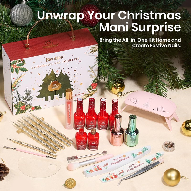 Beetles 27Pcs Gel Nail Polish Kit with U V Light -6 Colors Cat Eye Gel Polish Set Red Jelly Glitter Gold Merry Glitz with Everything Soak Off Home Salon DIY Manicure Set Gifts for Women