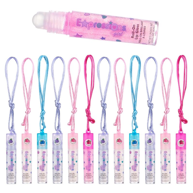Skiennix 12pc Fruit Flavored Lip Gloss Necklace Set - Non-Toxic Wearable Gloss | Perfect Party Favors for Kids & Teens