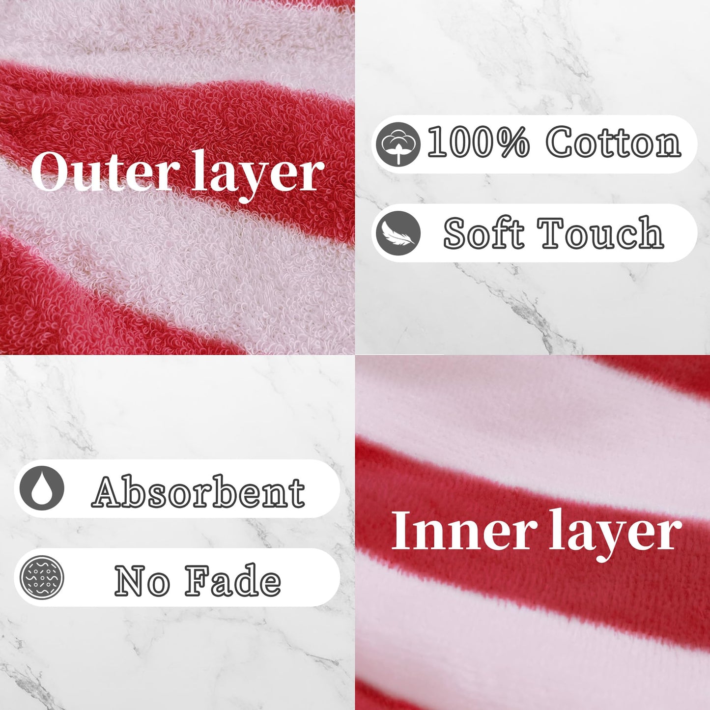 VOOVA & MOVAS 6-Pack Bath Mitts for Shower, 100% Cotton Soft Absorbent Wash Cloths with Hanging Loop, 8.3x6.3 Inch European Style Bathing Gloves for Body & Spa, Pink Red Stripe & White