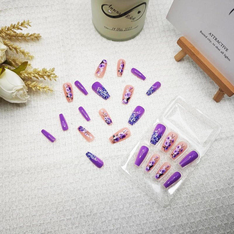 24Pcs Purple Press on Nails Spring Fake Nails Purple Flower Design False Nails Long Square Acrylic Nails Full Cover Glossy Stick on Nails for Women Girls Spring Summer Nail Art Decor