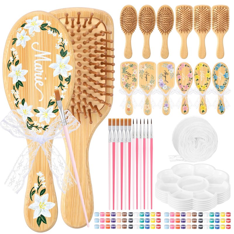 Acellegic 12 Set Bamboo Hairbrush Painting Kits Bulk Hand Painted Crafts for DIY Wooden Hairbrush Girls Hand Painted Make Your Own Night Party Supplies with Paint Brush and Palette