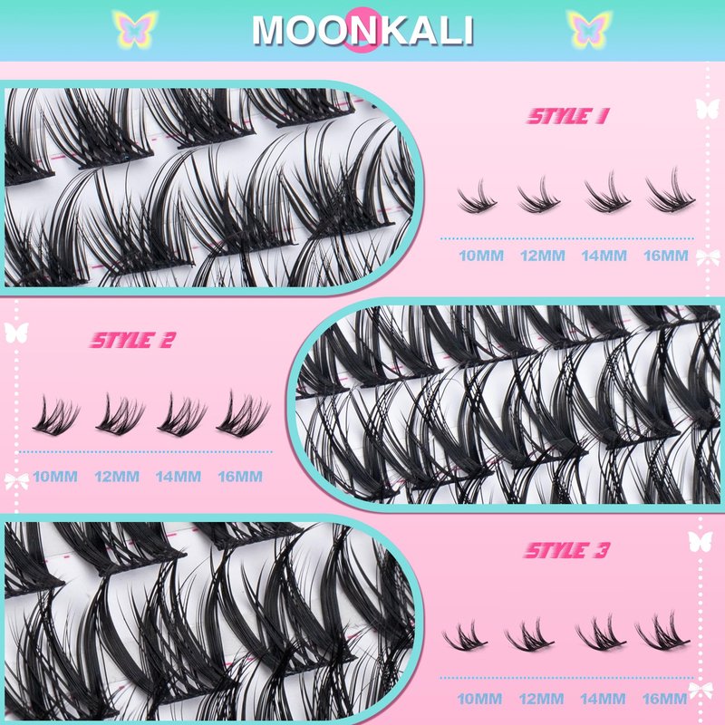 MOONKALI Natural Lash Clusters Wispy Eyelash Clusters 3 Styles Mix Natural Cluster Eyelash Extensions D Curly Soft Individual Lashes 10-16mm Mix Length Natural Look Lashes Clusters with Thin Lash Band