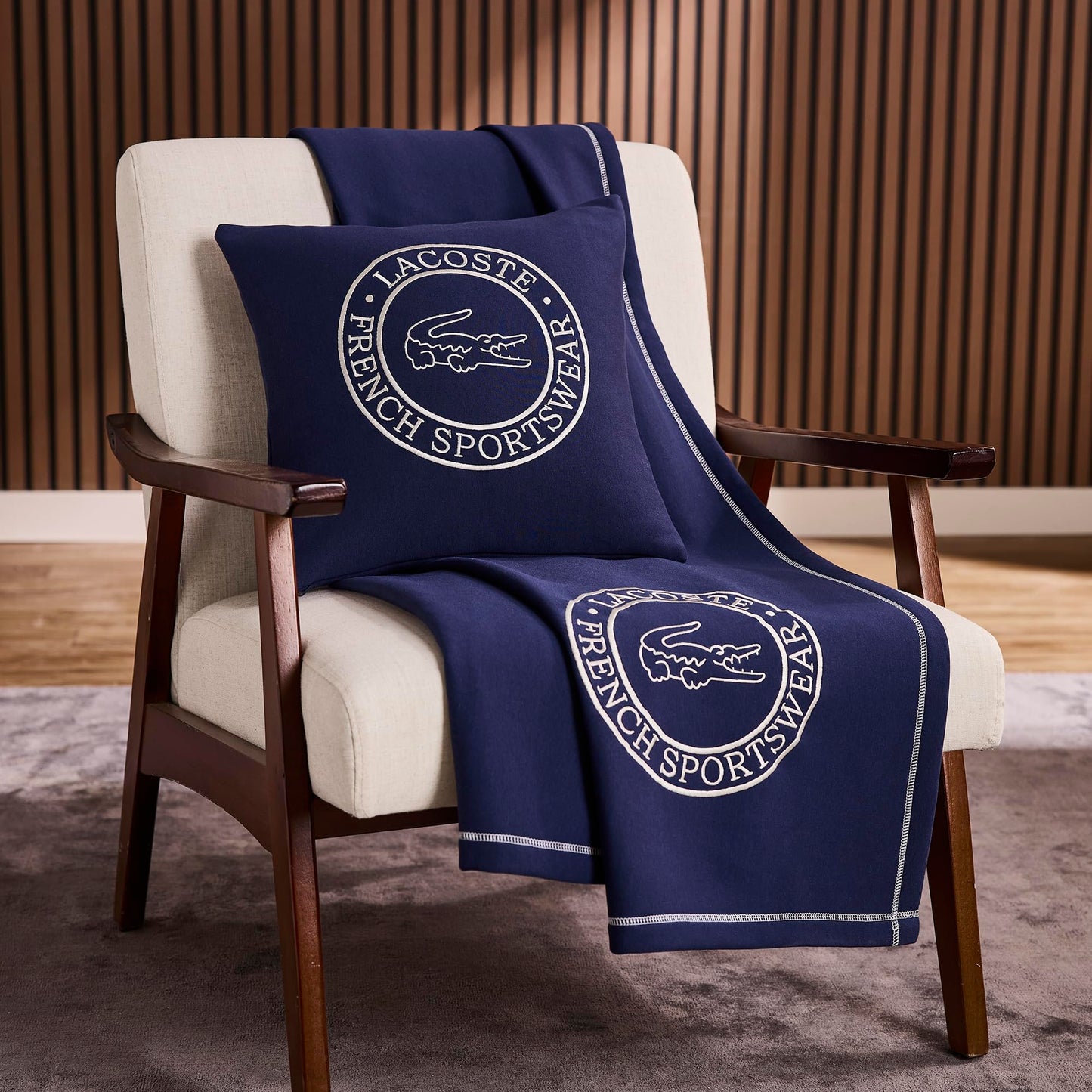 Lacoste 50" x 70" Sportswear Throw Blanket – Ultra Soft Cozy & Comfy Sweatshirt Knit, Premium Cotton and Polyester Blend, Luxury Home Decor for Bed Sofa Chair Couch, Embroidered Crocodile Logo, Navy