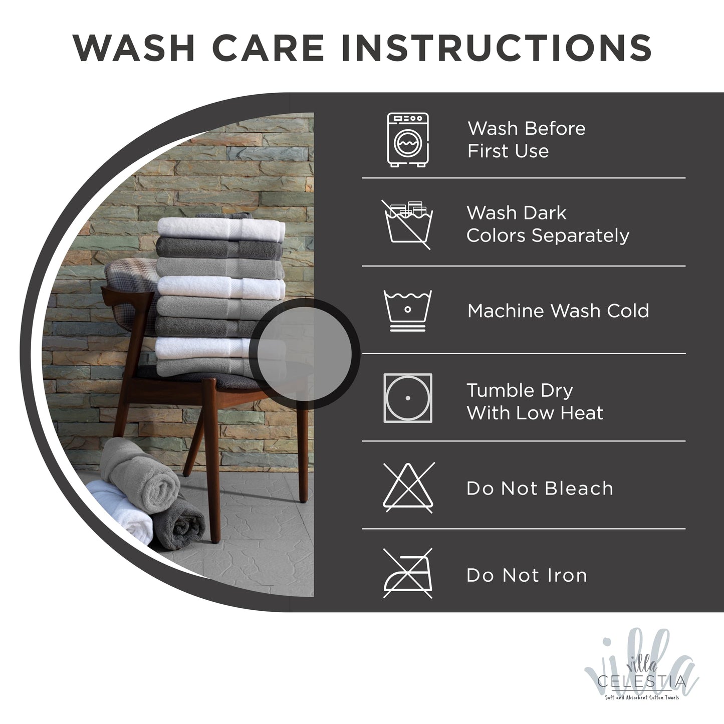 Villa Celestia Cotton Washcloths Set of 6, 12x12 Inch, 100% Ring-Spun Combed Cotton, Soft Absorbent Quick-Dry Wash Cloths for Face and Body, Oeko-TEX Certified, Hotel & Spa Quality, Black