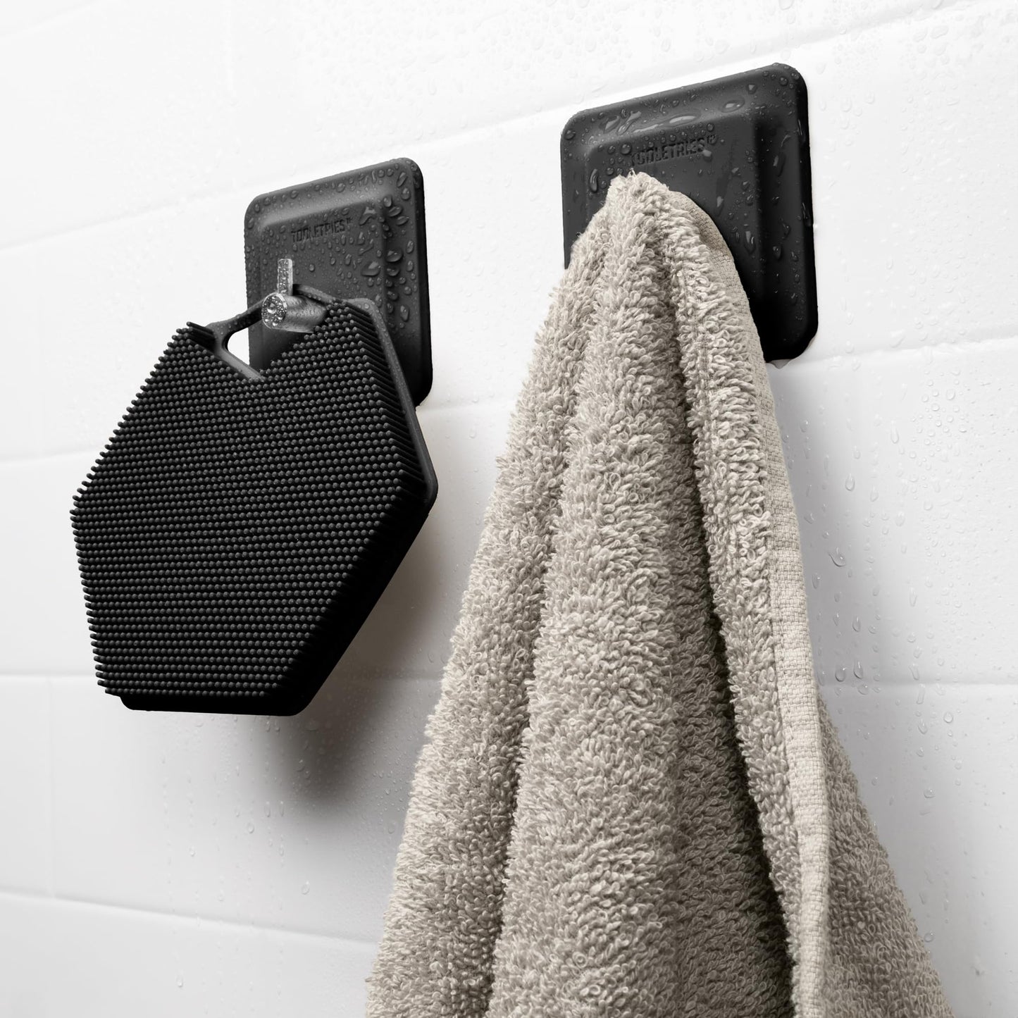 TOOLETRIES Arnold Silicone Shower Hook 2 Pack, Adhesive Hooks for Inside Shower, Waterproof Bathroom Organizer for Razors, Loofahs & Bathroom Accessories, Removable & Reusable - Charcoal