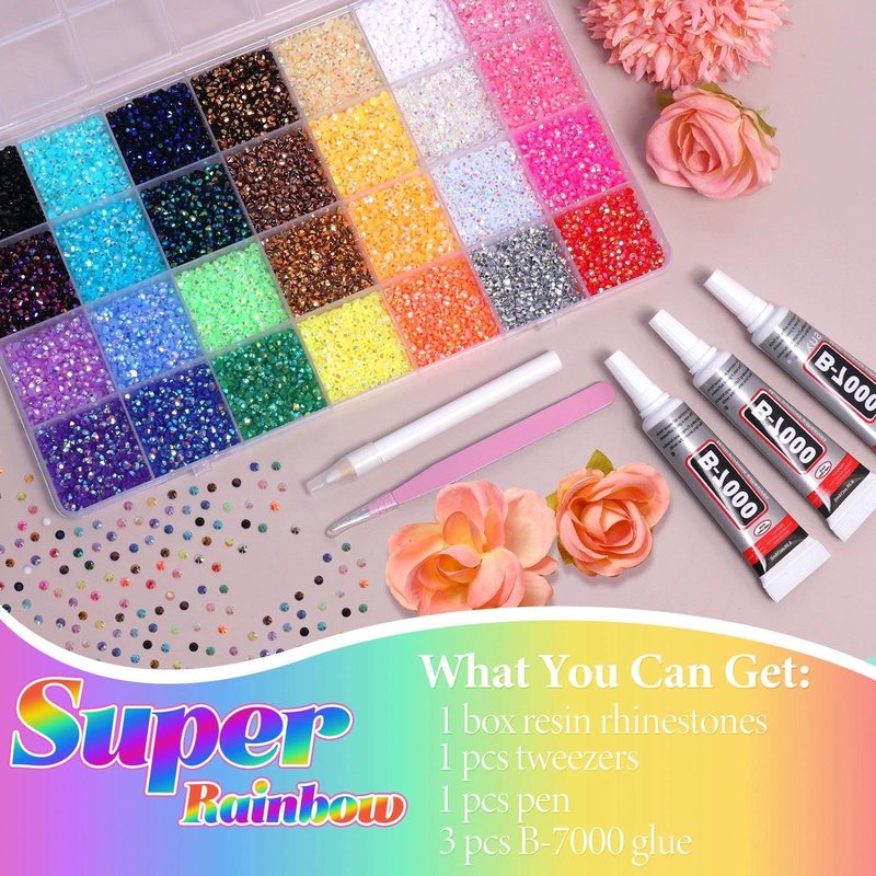 32000Pcs Rhinestones Bedazzling Kit with Tools, 3mm Color Resin Rhinestones for Bedazzling, Flatback Resin Gems for Crafts, Bedazzler Kit for Clothing Shoes DIY Face Makeup Tumblers