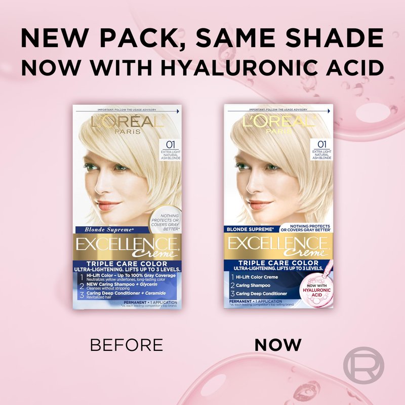 L'Oreal Paris Excellence Crème Permanent Hair Dye, Triple Care Hair Color with Hyaluronic Acid for 100% Gray Coverage, 01 Extra Light Natural Ash Blonde, 1 Kit (Packaging May Vary)