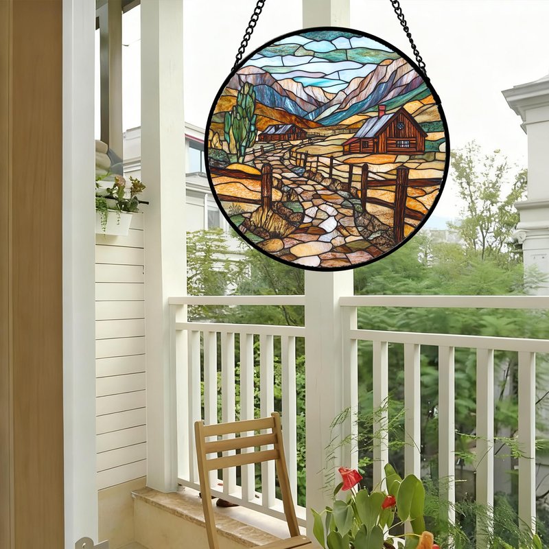 QZQCBLC Stained Glass Window Hanging Mountain Ranch Rural Life 7.8" - Cactus Suncatcher Door Terrace Garden Sun Catcher Home Decor Birthday Christmas for Mom Men Woman Friend