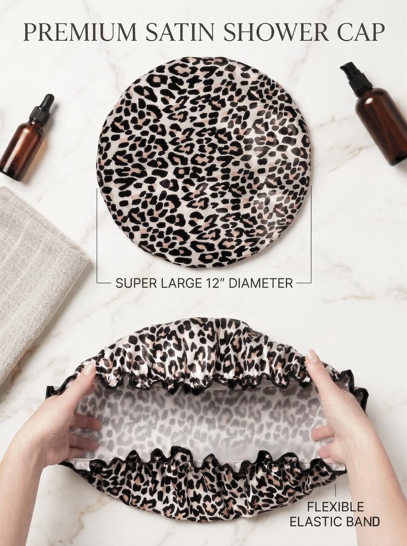 Aquior Shower Cap, Reusable Waterproof Leopard Print Hair Cap,Dual Layer Large Ruffle Edge for Long Hair, Ideal for Shower, Skincare, Cooking, Spa and Travel Use