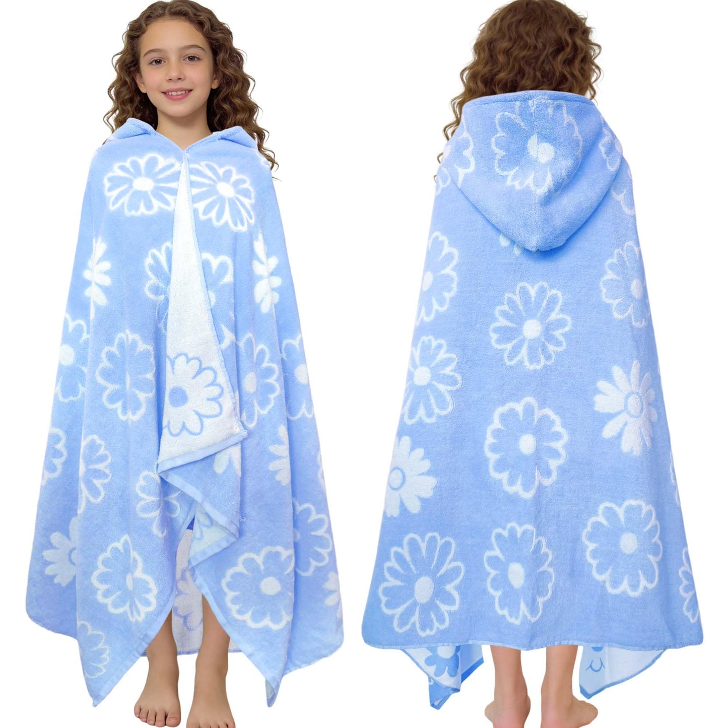 VOOVA & MOVAS Hooded Bath Towels for Teens/Big Kids (8Years Up) | Soft Absorbent 100% Cotton Thick Towel Wrap | Versatile Beach, Pool, Swim & Bath Cover-Up | Jacquard Blue Daisy